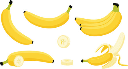 Cartoon Banana Collection with Whole, Sliced, and Peeled Bananas Colorful Flat Vector Illustration Isolated on White