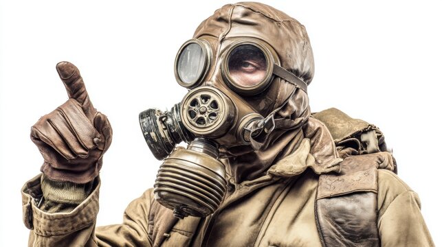 Post apocalyptic survivor in gas mask and leather gear pointing finger up isolated on white. Studio shot of soldier warning about danger, nuclear fallout or toxic hazard concept.