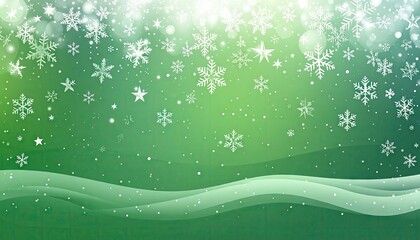 Festive Green Winter Wonderland with Falling Snowflakes and Stars.