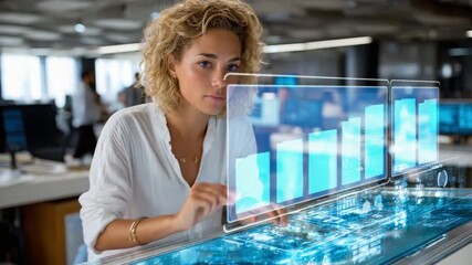 Businesswoman and Data visualization: A focused businesswoman, examines the latest market trend, utilizing a holographic data visualization interface, representing innovation. - Powered by Adobe