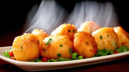Hot fried potato balls with herbs emitting steam on a white plate against a black background. Appetizing and freshly cooked snack ideal for restaurant menus and culinary blogs.
