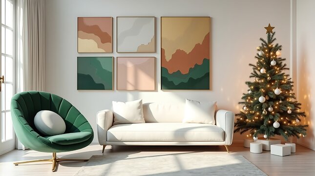 “A serene, bright AI-generated interior with a curved sofa-style chair, large abstract art, and a glowing Christmas tree, showcasing a modern, airy, and refined look.”