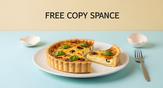 Delicious Quiche Lorraine with Basil on a White Plate, Studio Shot with Copy Space
