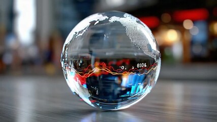 Transparent Globe: A crystal globe, symbolizing global interconnectedness, rests on a surface, reflecting a dynamic cityscape within its transparent form.