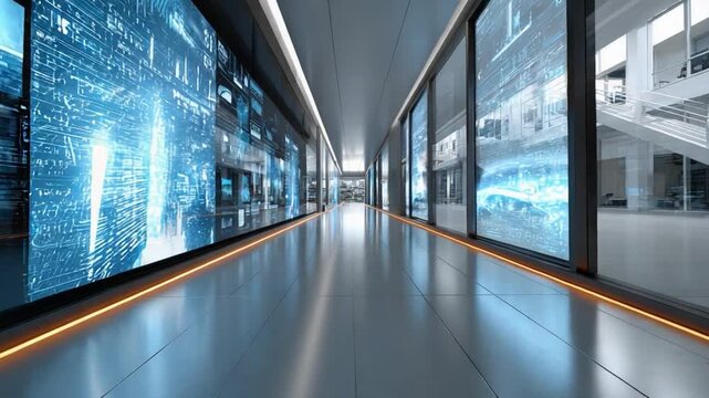 Modern Office Corridor: A sleek, modern office corridor, dominated by expansive glass walls offering a panoramic view, symbolizes contemporary business and innovation.
