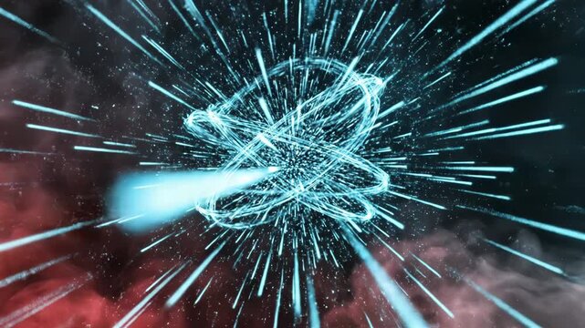 Fast motion blur effect showing a glowing blue atom structure moving through dark space with light streak and smoke trails 4k video