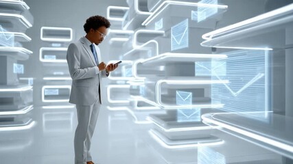 Digital Connectivity: An individual meticulously navigates a futuristic digital interface, surrounded by an array of ethereal email icons. - Powered by Adobe