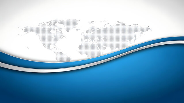 Abstract blue vector background design with dotted world map and elegant flowing metallic silver waves perfect for corporate presentation flyers.