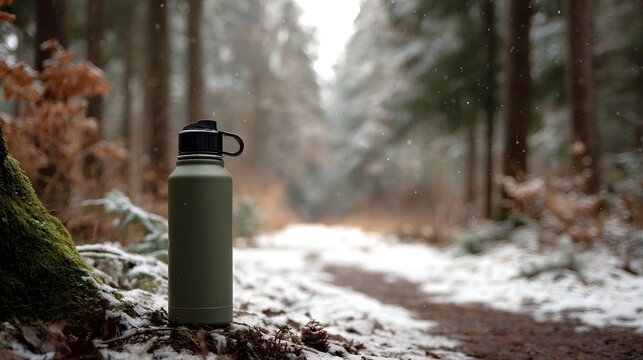 A green water bottle rests on a mossy bank beside a snowy forest path with gentle snow falling - Powered by Adobe