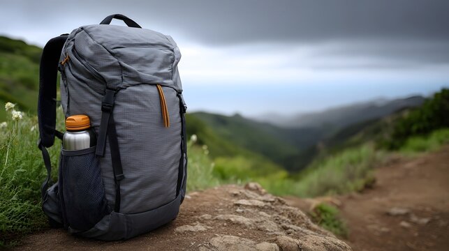 A grey hiking backpack with a water bottle is positioned on a mountain trail overlooking a misty valley under stormy clouds