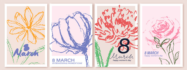 Naklejka premium Spring flowers bouquets. 8 March, women's day, mother's day holiday cards set. Bright colorful botanical background, pattern. Hand drawn flowers, tulip, rose, peony 