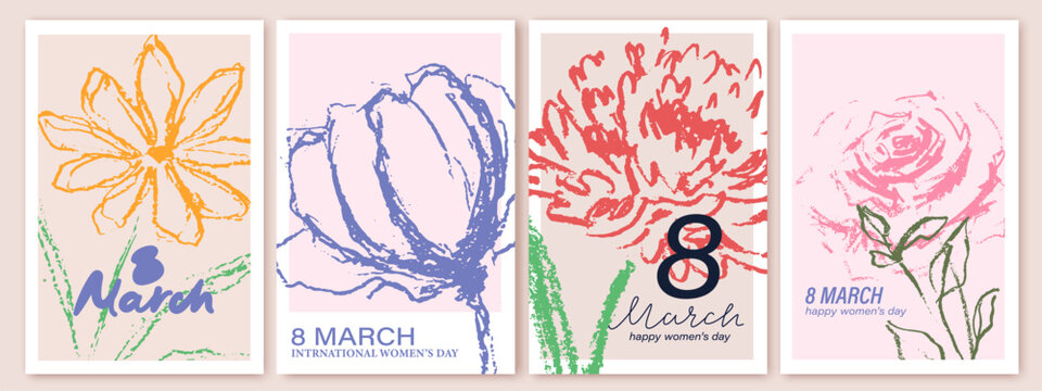 Spring flowers bouquets. 8 March, women's day, mother's day holiday cards set. Bright colorful botanical background, pattern. Hand drawn flowers, tulip, rose, peony
