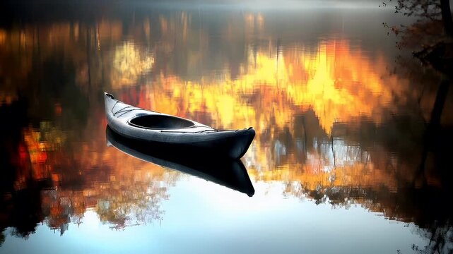 A tranquil serene lakeside scene captured with a shallow depth of field to emphasize the foreground and the waters surface. The main subject is a kayak, which is the focal point of the image.