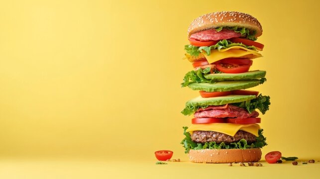 Stacked gourmet burger with layers of fresh vegetables, cheese, and meats, presented against a vibrant yellow background, showcasing culinary artistry and appetizing appeal