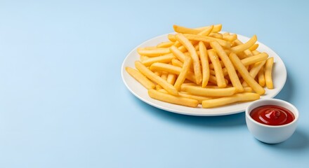 Golden French Fries with Ketchup on a White Plate, Isolated on Blue Background