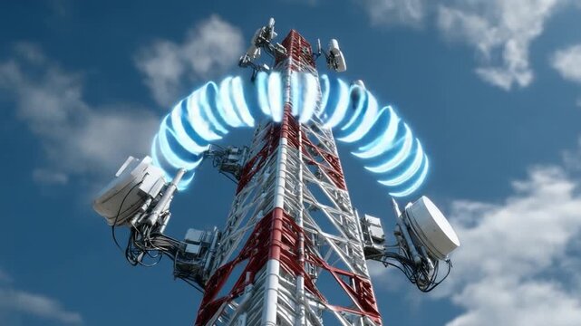 Network Tower in a Clear Sky: An image showcasing a towering network tower, its metallic structure standing tall against a bright and clear sky. The network tower, with its array of antennas.