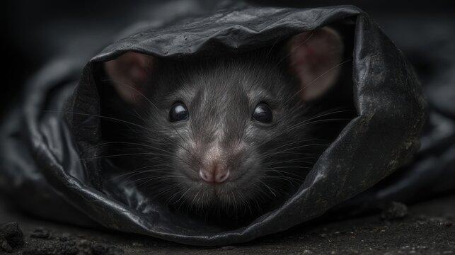 Close up of a black rat peeking from a torn plastic bag. The dark, moody scene highlights whiskers and eyes, suitable for pest control or urban wildlife themes.