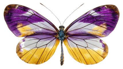 Vibrant purple butterfly with yellow spots on delicate wings perched naturally showcasing insect beauty isolated on white background
