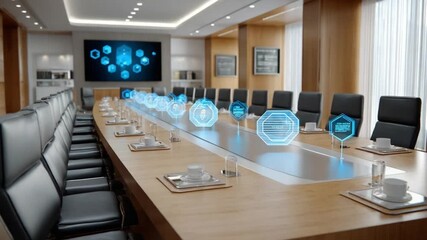 Modern Conference Room: A sophisticated conference room features a sleek, minimalist design with a long table, advanced technology and panoramic views, ideal for business meetings and collaborations.