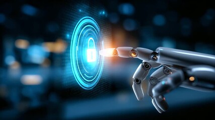 Robot hand pressing virtual lock button, defocused futuristic interface, cybersecurity concept, automated data protection, AI security technology, digital defense system, with copy - Powered by Adobe