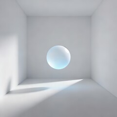 Bright minimal room with a floating glass-like sphere and soft shadows.