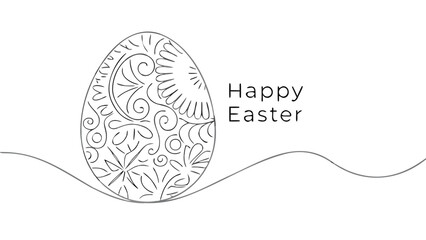A minimalist line art illustration of a decorative easter egg with intricate swirling patterns and floral motifs accompanied by the text happy easter on a clean white background