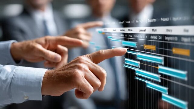 Planning and Collaboration: Business professionals discuss a project plan with visual data representation, pinpointing critical phases and making a synchronized strategy for triumphant execution. 