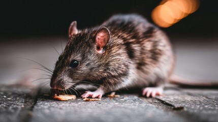 Brown rat scavenging food crumbs on pavement at night. Close up view with bokeh street lights background. Ideal for urban wildlife, pest control and rodent themes.