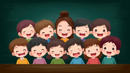 Cheerful illustration of a teacher and diverse students standing at a chalkboard. This joyful school scene is ideal for educational banners, learning materials and classroom decor.