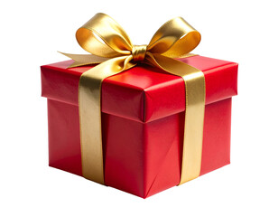 Fototapeta premium A wrapped Christmas gift box with red paper, gold ribbon bow, and clean sharp edges