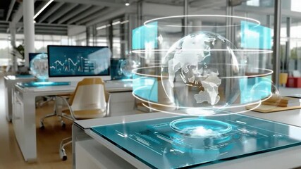 Futuristic Tech Office: A modern office space integrates futuristic technology, with holographic projections of the globe and data displays enhancing a collaborative work environment. - Powered by Adobe