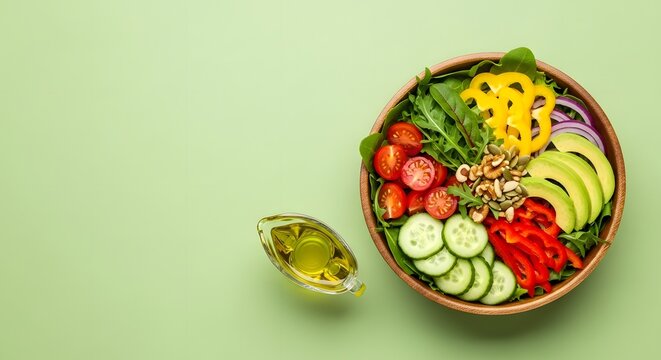 Fresh Organic Salad Bowl with Avocado, Tomatoes, Peppers, and Nuts