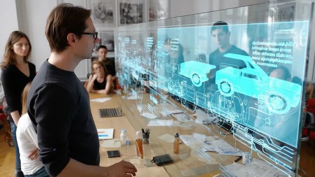 Tech-Savvy Brainstorm: A group of professionals engages in a brainstorming session, examining a holographic presentation of a car. - Powered by Adobe