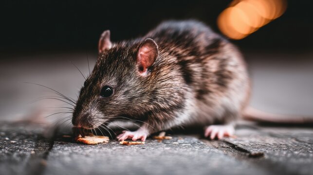 Brown rat scavenging food crumbs on pavement at night. Close up view with bokeh street lights background. Ideal for urban wildlife, pest control and rodent themes.
