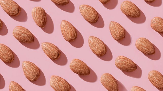 A close-up shot of almonds arranged in a repeating pattern on a pink background - Powered by Adobe