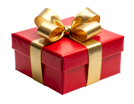 A wrapped Christmas gift box with red paper, gold ribbon bow, and clean sharp edges