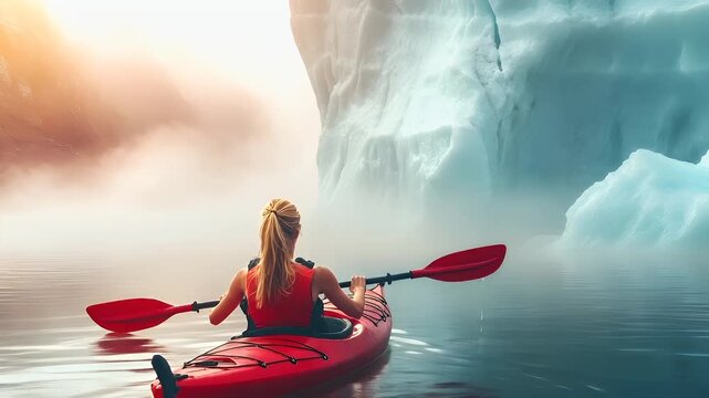 Aerial view of a woman kayaking on a serene body of water with a large iceberg in the background. The woman is wearing a red life jacket and is paddling a red kayak. - Powered by Adobe