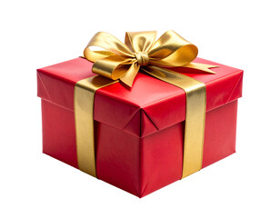 Obraz premium A wrapped Christmas gift box with red paper, gold ribbon bow, and clean sharp edges