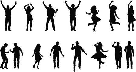 Vector illustration of 14 dancing and celebratory human silhouettes—body movement reference for design, animation, joy, energy, and expression