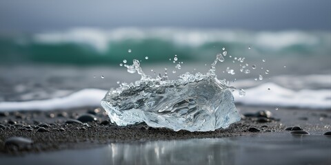 Ocean waves crashing on a rocky shoreline with splashes and pebbles in foreground