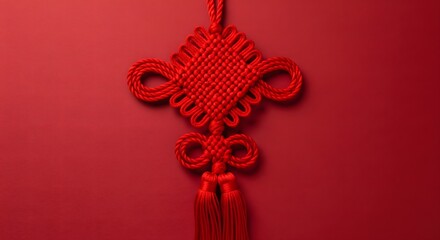 Obraz premium Red Decorative Knot with Tassels on a Vibrant Red Background