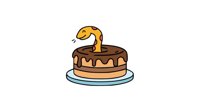Funny vector dessert scene featuring layered cake covered in chocolate icing with adorable snake emerging from center hole