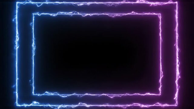 Electric blue and pink neon square frame border with lightning effect on a black background for graphic design 4k video