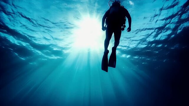 A silhouette of a scuba diver swimming underwater with sunlight filtering through the waters surface.