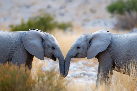 Adorable baby elephants touching trunks in peaceful savannah encounter