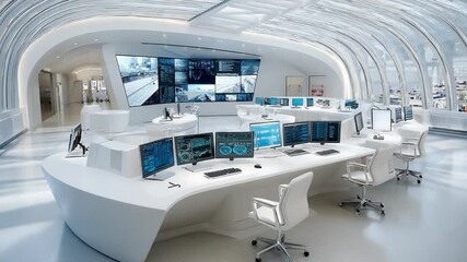 Command Center: A futuristic control room, filled with computer monitors and advanced technology, embodies a modern hub for data analysis and communication. - Powered by Adobe
