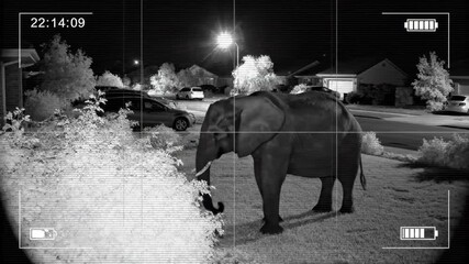 Infrared night vision security camera footage captures an elephant wandering in a suburban residential yard 4k video - Powered by Adobe