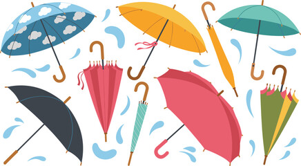 Obraz premium Umbrella collection, rainy day, weather accessories, colorful designs, raindrop background, fashion elements, open and closed styles, vector illustration, seasonal decor, monsoon theme