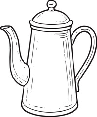 Hand-drawn doodle vector illustration of a teapot in simple black and white line art style, perfect for tea themes, kitchen designs, café decor, recipe layouts, cozy graphics and coloring pages.