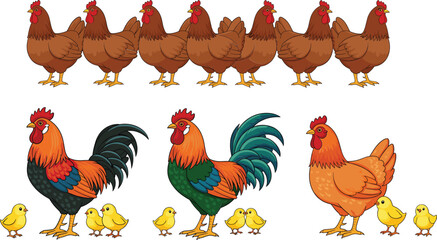 Cartoon Farm Chicken Collection with Roosters, Hens, and Chicks Colorful Flat Vector Set Isolated on White Background